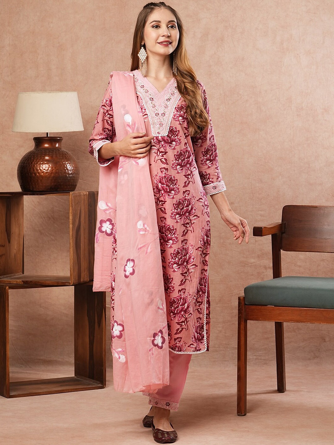 

FASHOR Floral Printed Mirror Work Pure Cotton V-Neck Straight Kurta With Trouser & Dupatta, Pink