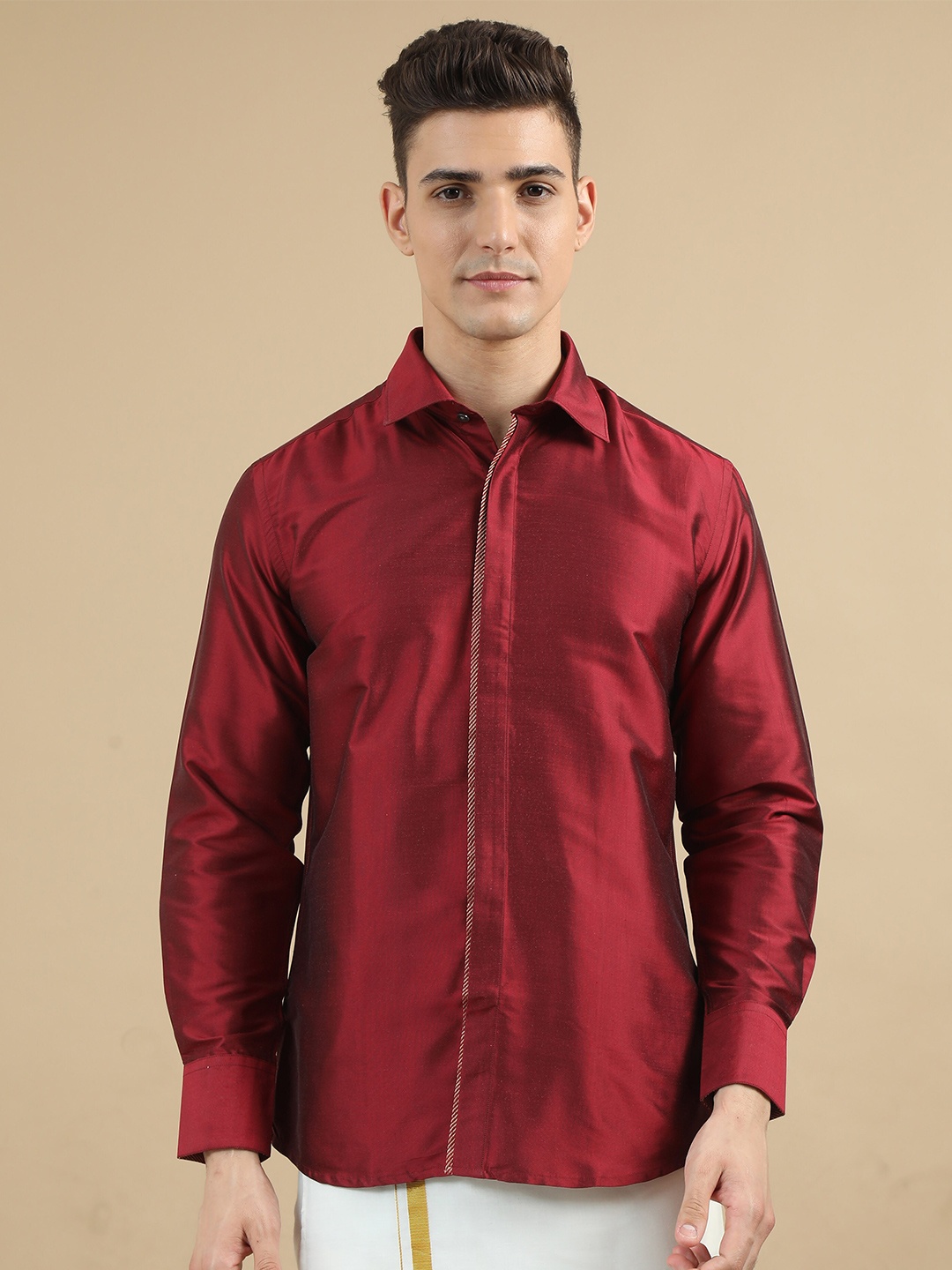 

TATTVA Classic Spread Collar Long Sleeves Pure Silk Casual Shirt, Maroon