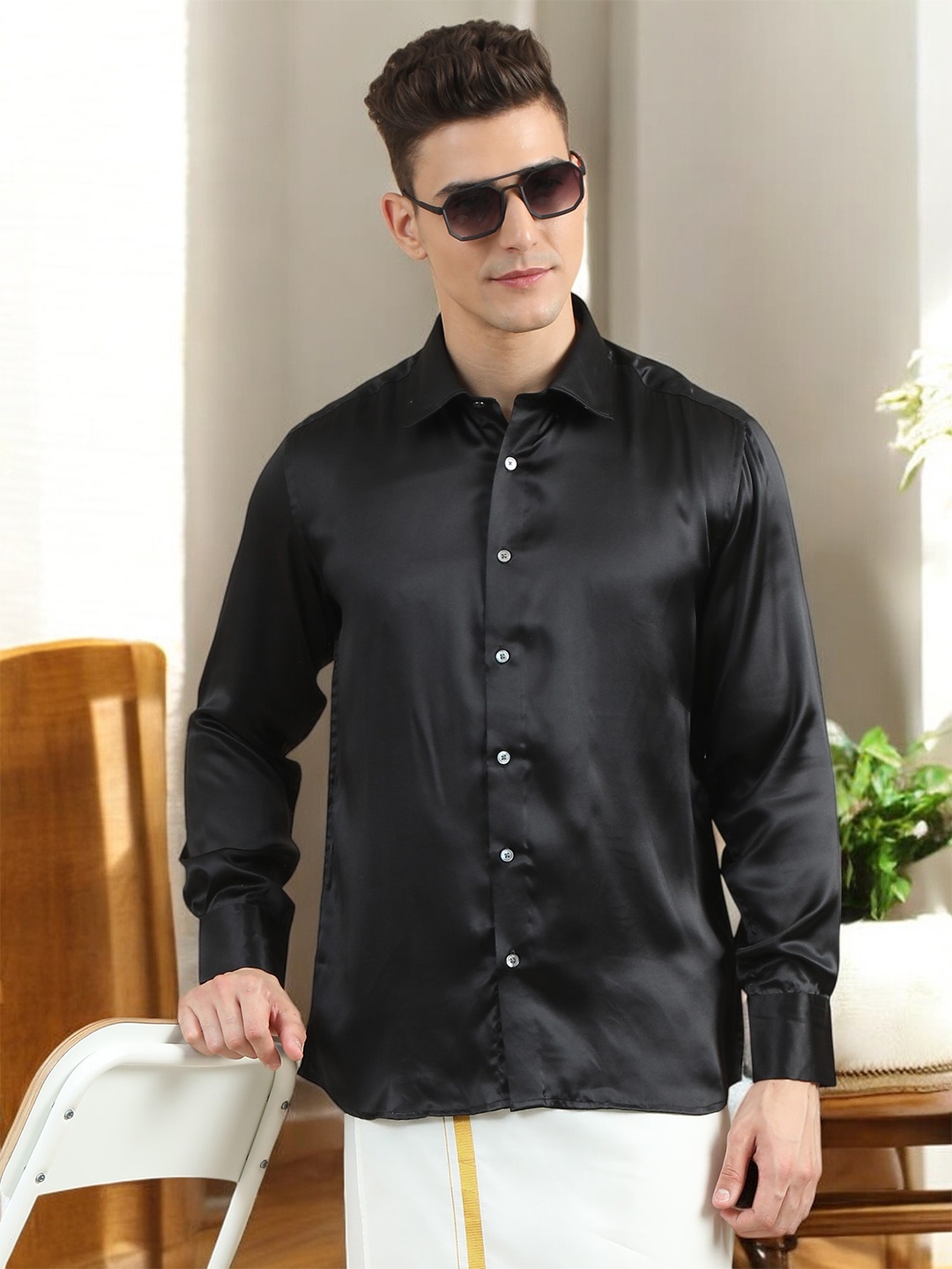 

TATTVA Classic Spread Collar Long Sleeves Pure Silk Casual Shirt, Black