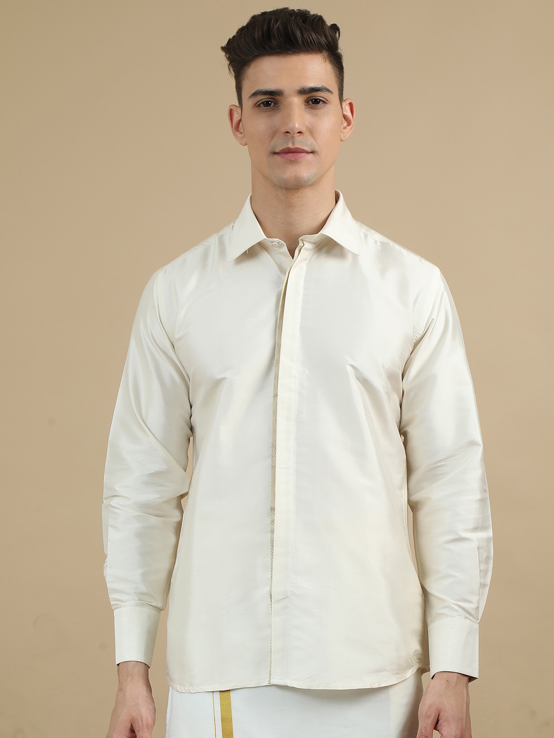 

TATTVA Classic Spread Collar Long Sleeves Pure Silk Casual Shirt, Cream