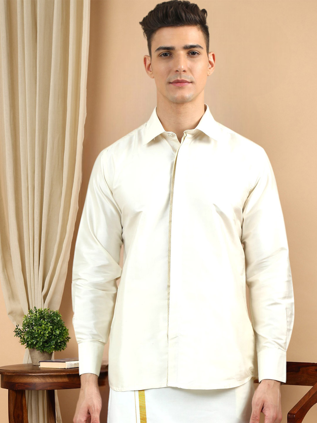 

TATTVA Classic Spread Collar Long Sleeves Pure Silk Casual Shirt, Cream