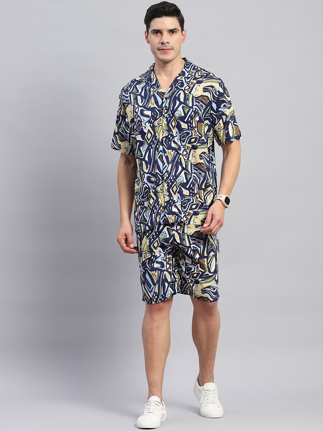 

rock.it Printed Pure Cotton Shirt With Short, Navy blue