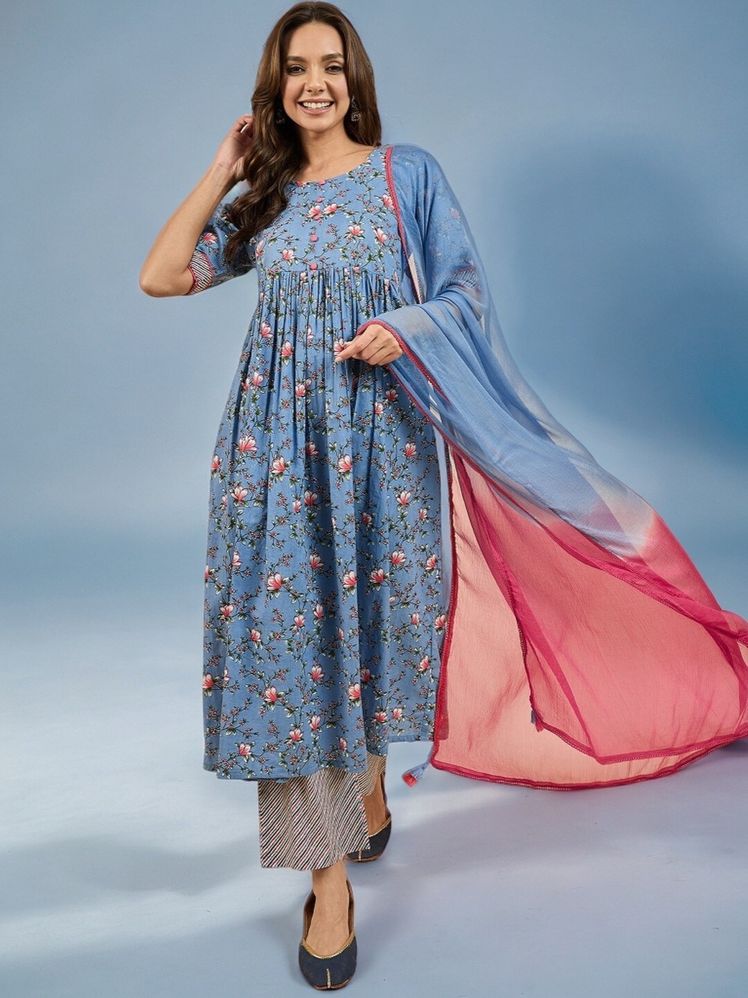 

Azira Printed Empire Pure Cotton Kurta With Palazzos & Dupatta, Blue