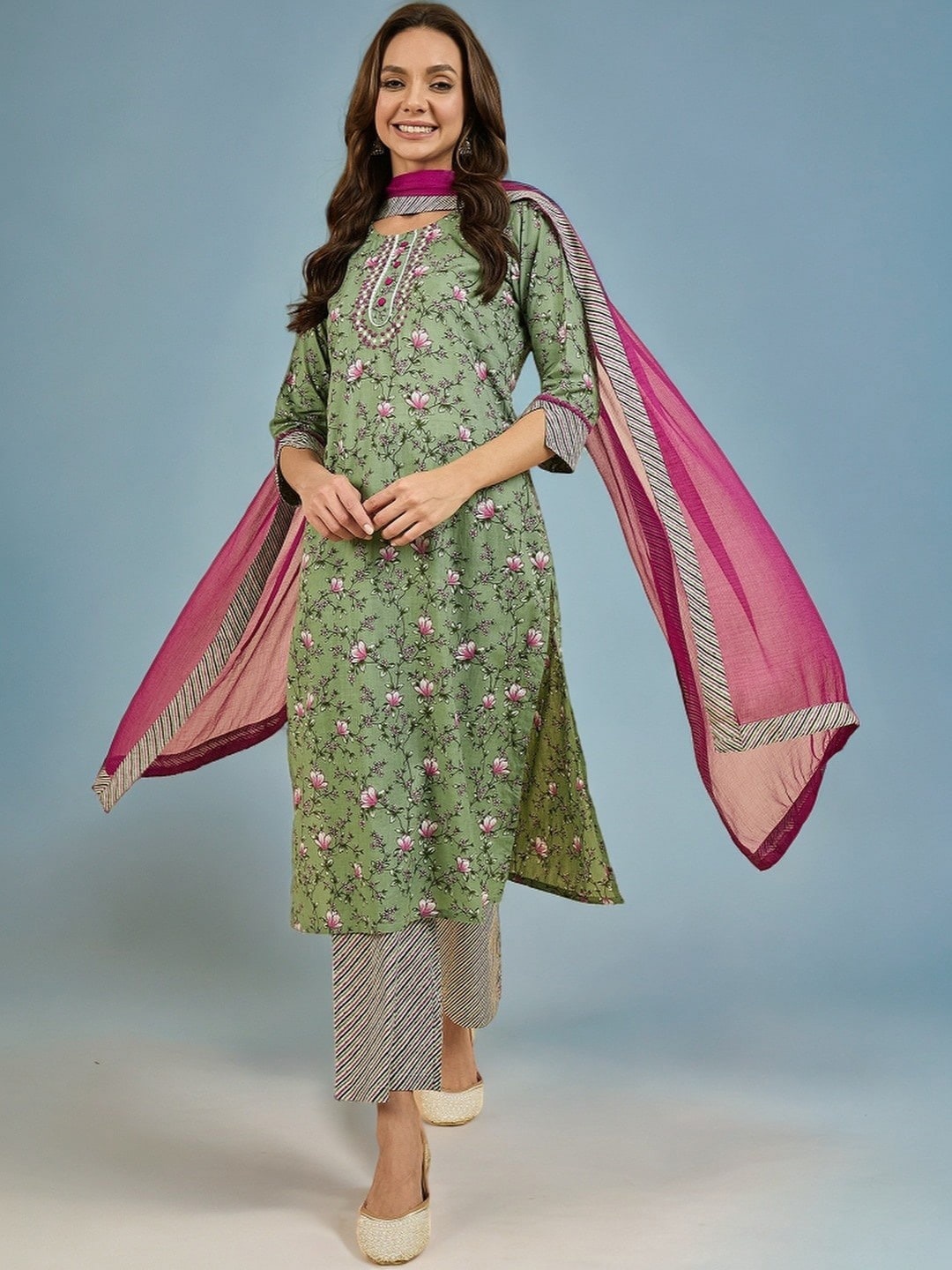 

Azira Printed Regular Pure Cotton Kurta With Palazzos & Dupatta, Green