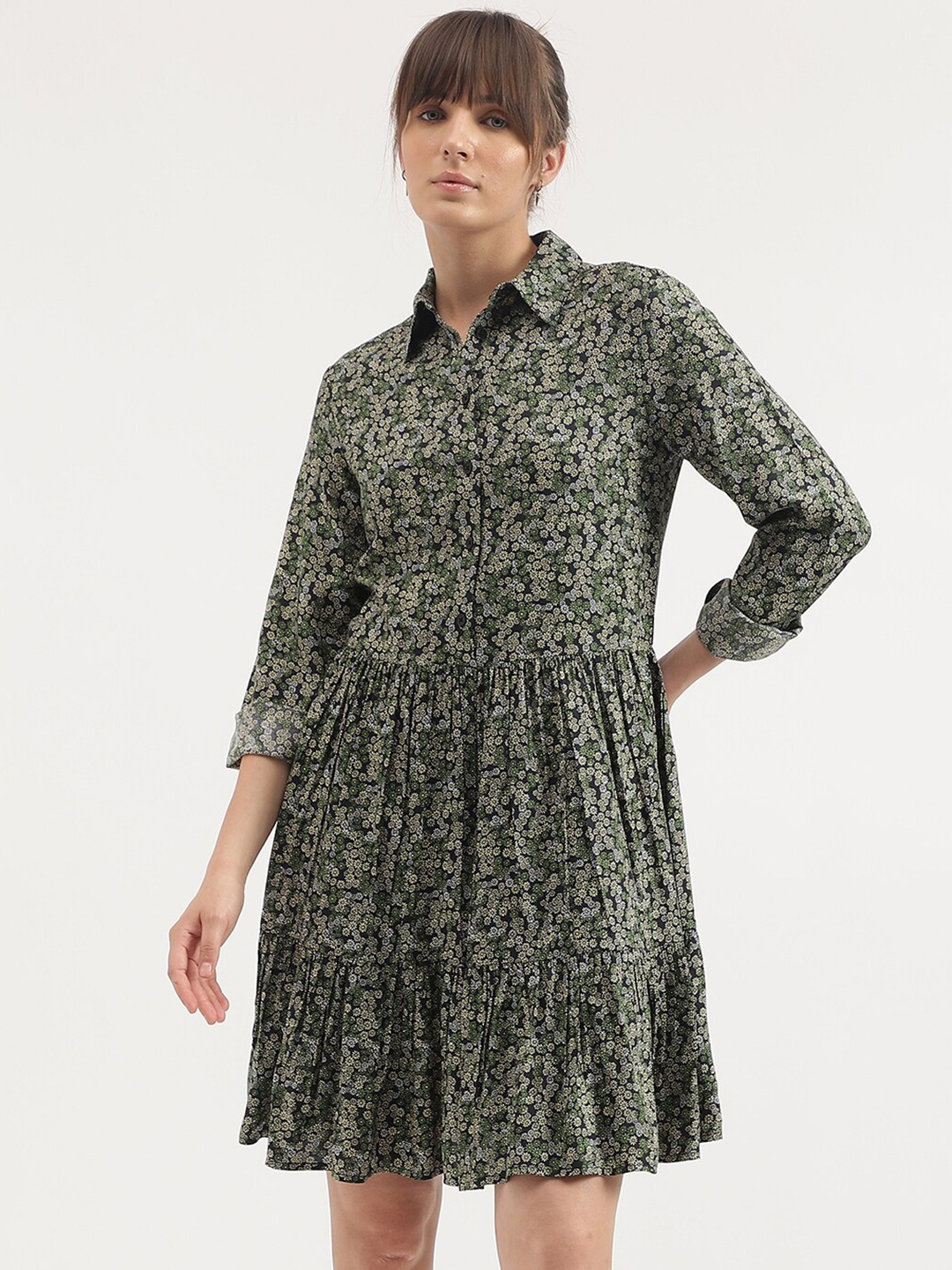 

United Colors of Benetton Floral Printed Cuffed Sleeves Gathered A-Line Dress, Green