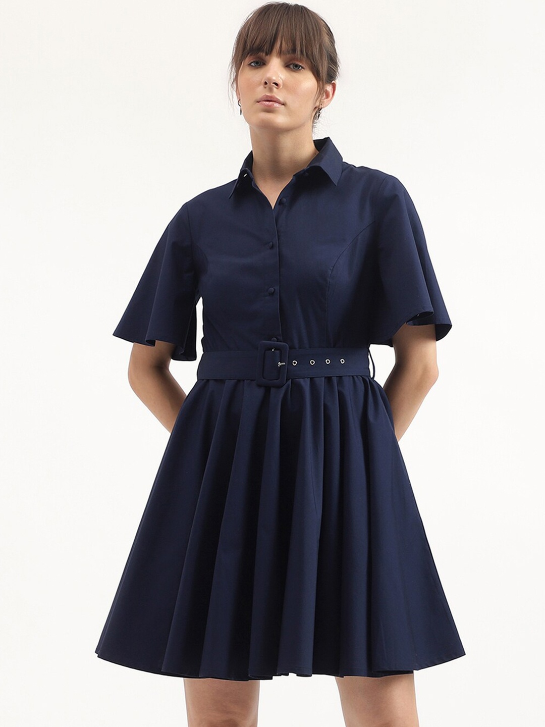 United Colors of Benetton Shirt Collar Belted Cotton Fit & Flare Dress, Blue
