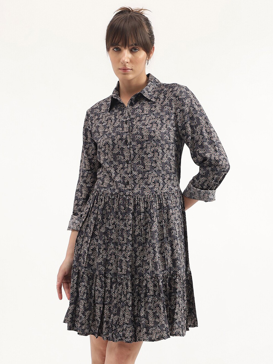 

United Colors of Benetton Floral Print Shirt Collar Fit & Flare Dress, Black