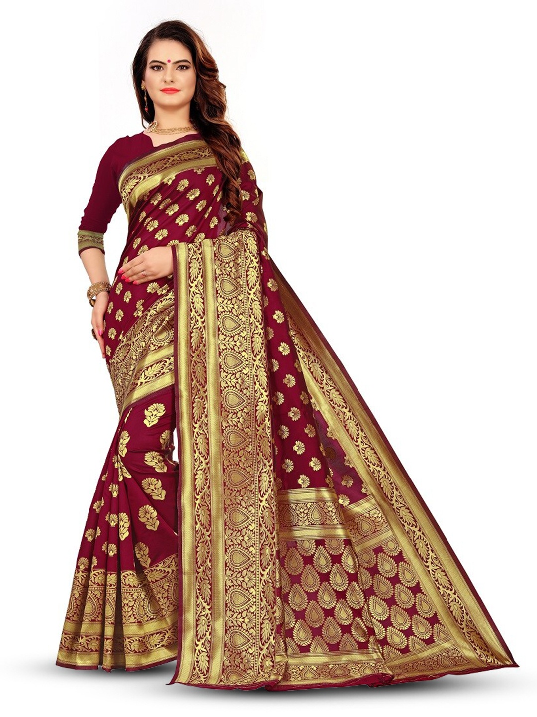 

TINA FASHION Ethnic Motifs Woven Design Zari Art Silk Banarasi Saree, Maroon