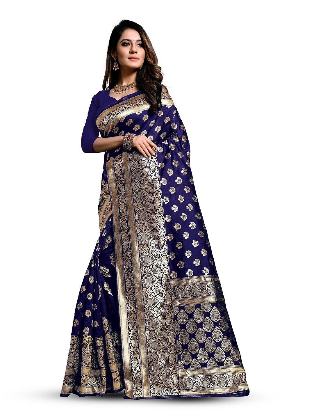

TINA FASHION Ethnic Motifs Woven Design Zari Art Silk Banarasi Saree, Navy blue