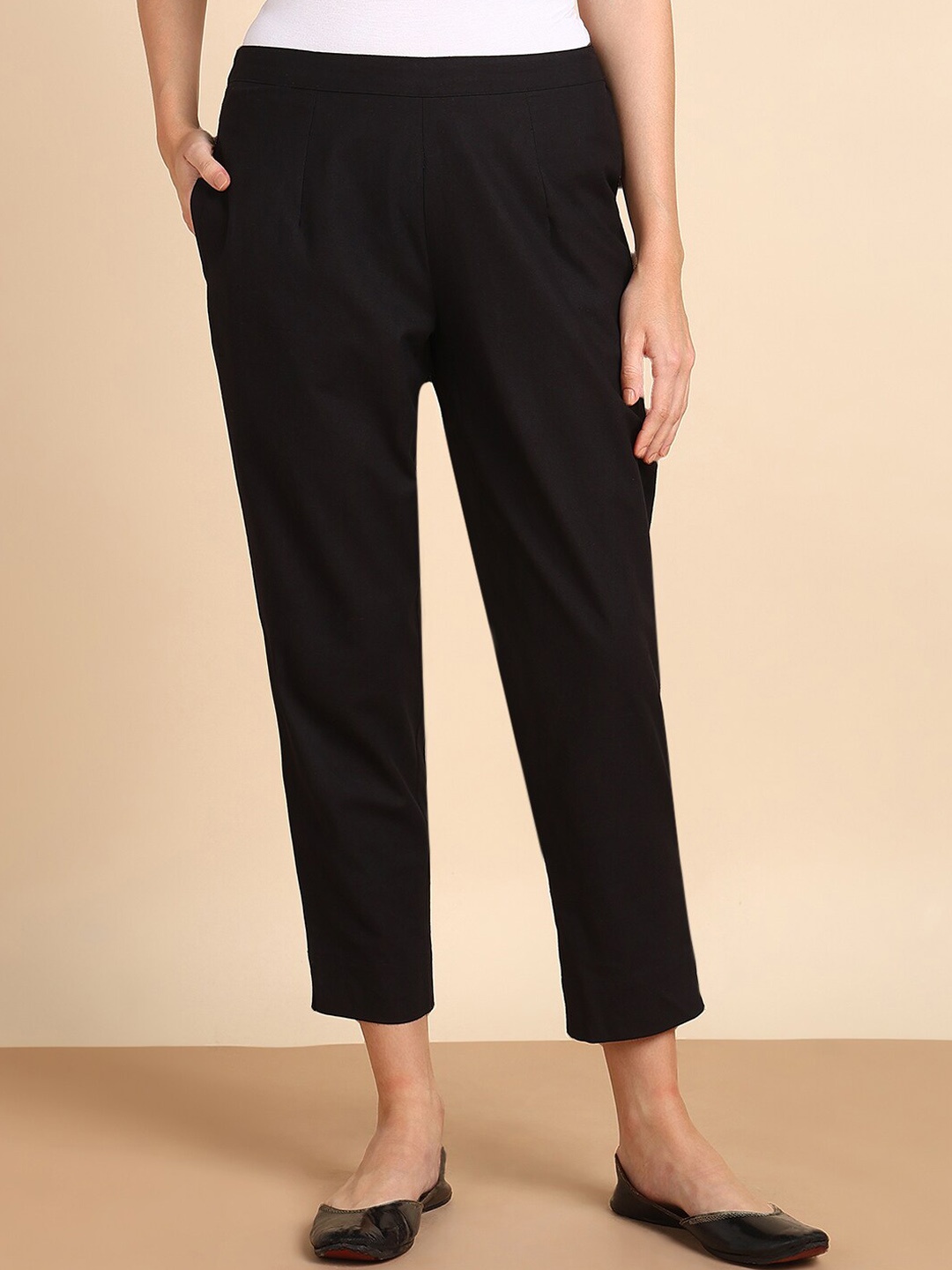 

Maaesa Women Mid-Rise Cotton Trousers, Black