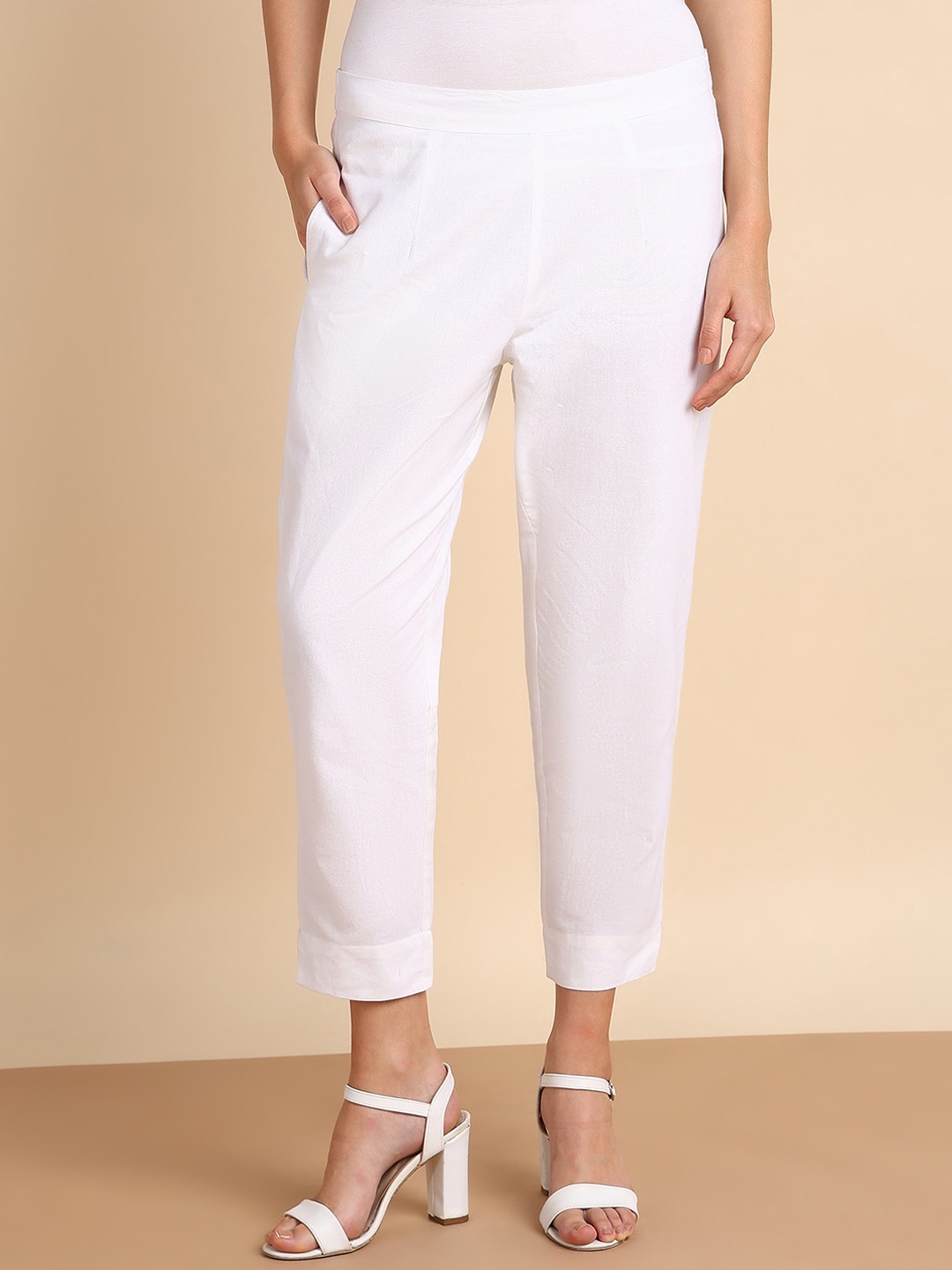 

Maaesa Women Mid-Rise Cotton Trousers, White