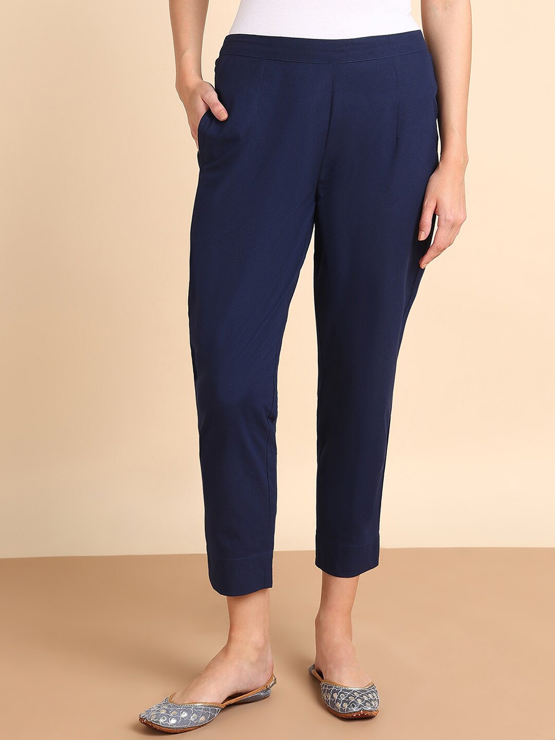 

Maaesa Women Mid-Rise Cotton Trousers, Navy blue