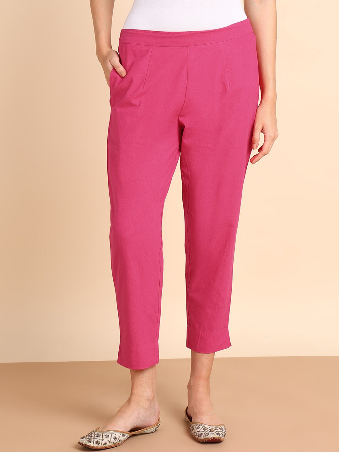 

Maaesa Women Mid-Rise Cotton Trousers, Pink