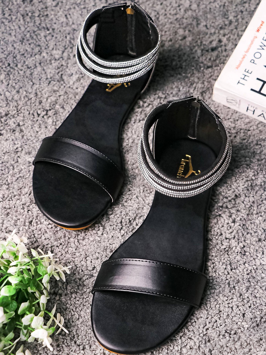 

Brauch Rhinestone Studded Open Toe Flats, Black