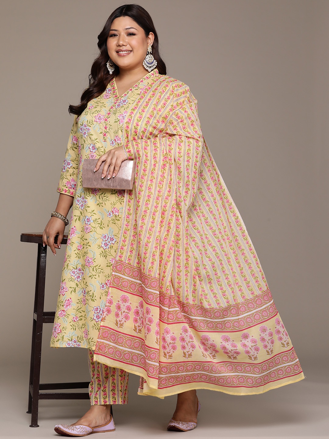 

Readiprint Plus Size Floral Printed Sequinned Pure Cotton Kurta Set, Yellow