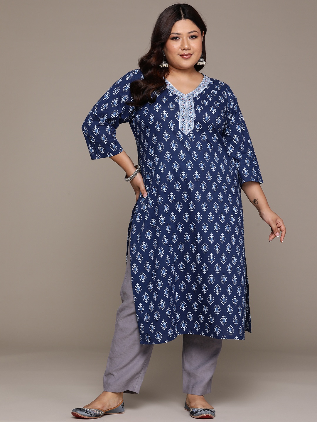 Readiprint Plus Size Ethnic Motifs Printed Pure Cotton Kurta, Navy blue