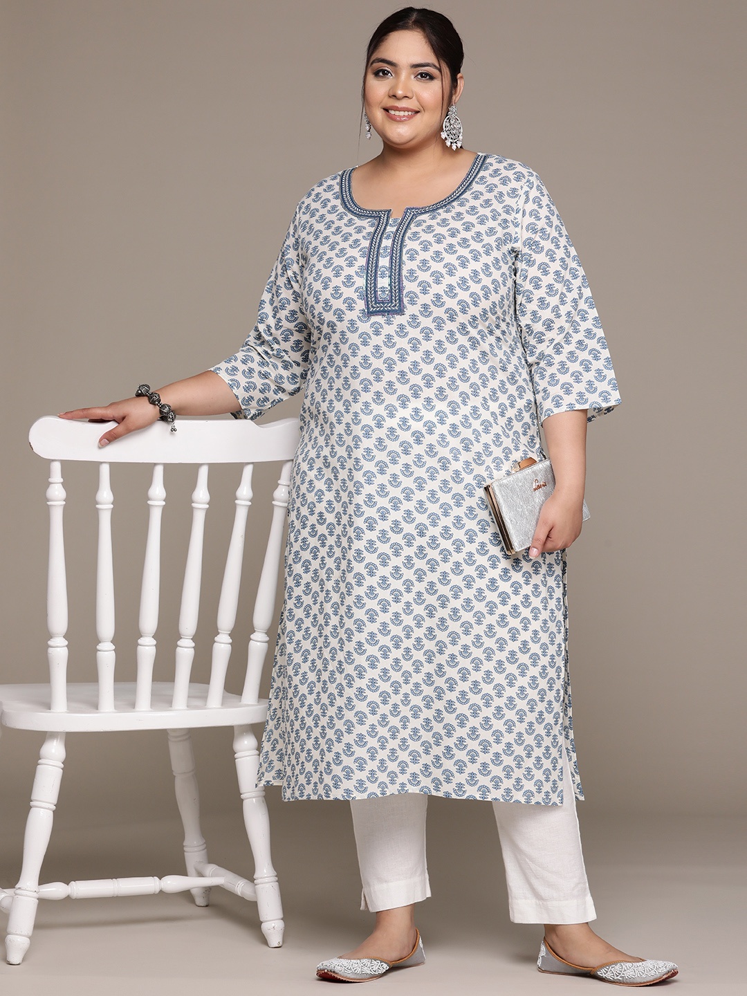 Readiprint Plus Size Ethnic Motifs Printed Thread Work Pure Cotton Kurta, Blue