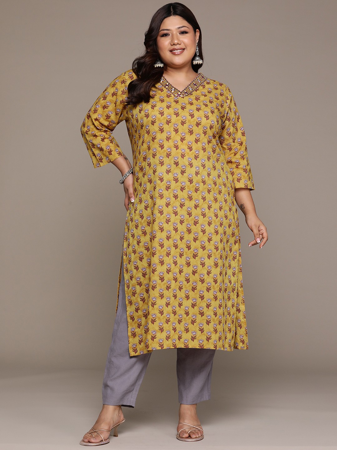 

Readiprint Plus Size Floral Printed Thread Work Pure Cotton Kurta, Mustard
