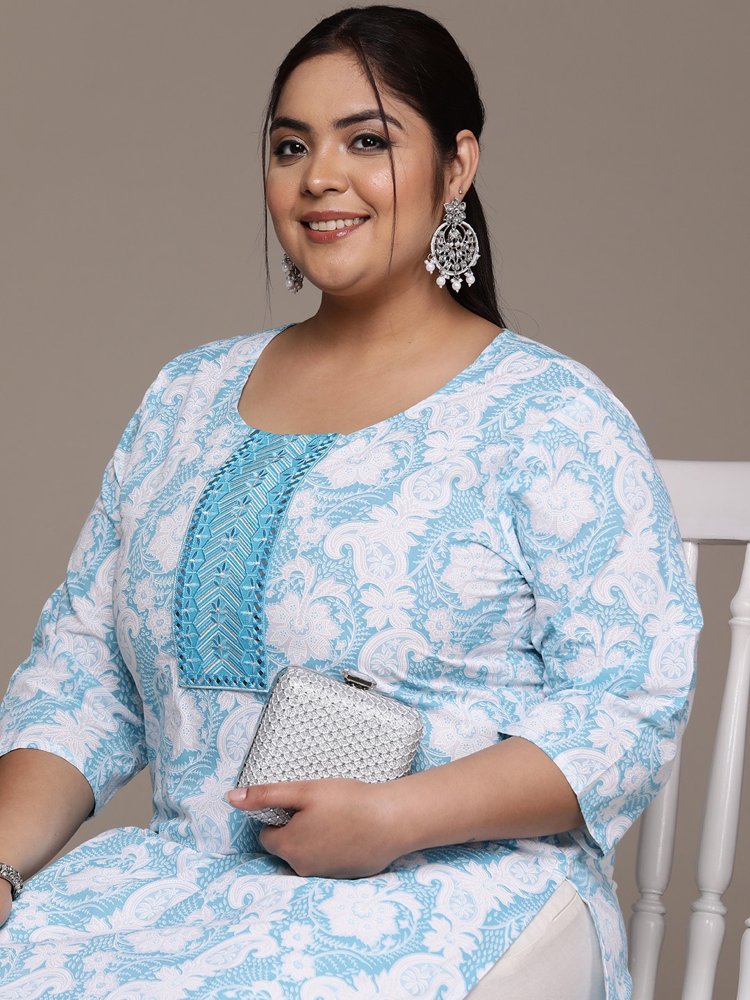 Readiprint Plus Size Paisley Printed Thread Work Pure Cotton Kurta, Blue