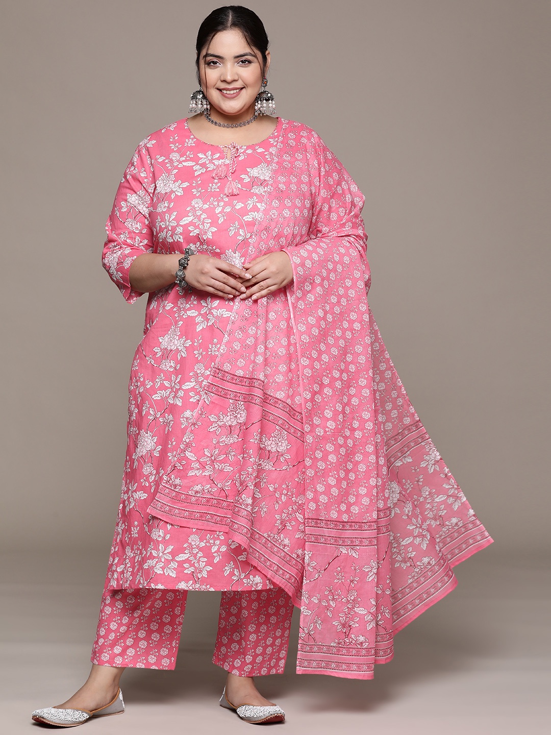 

Readiprint Plus Size Floral Printed Sequinned Pure Cotton Kurta Set, Pink