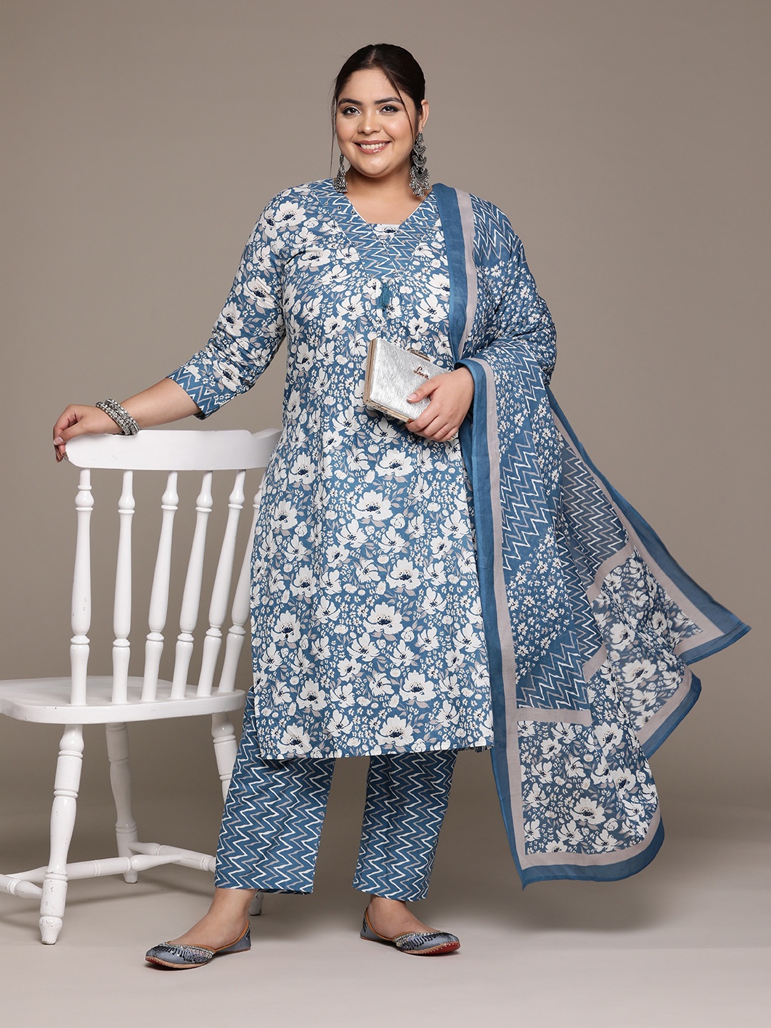 

Readiprint Fashions Plus Size Floral Printed Pleated Mirror Work Pure Cotton Kurta Set, Blue