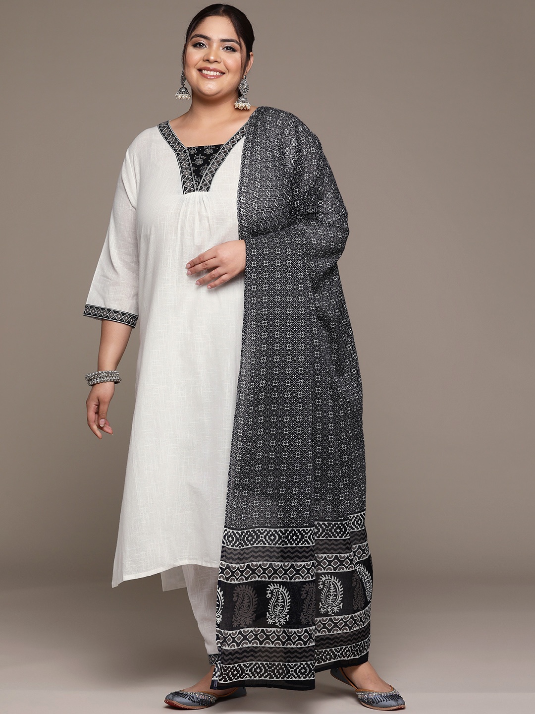 

Readiprint Plus Size Paisley Pleated Sequinned Pure Cotton Kurta Set, White