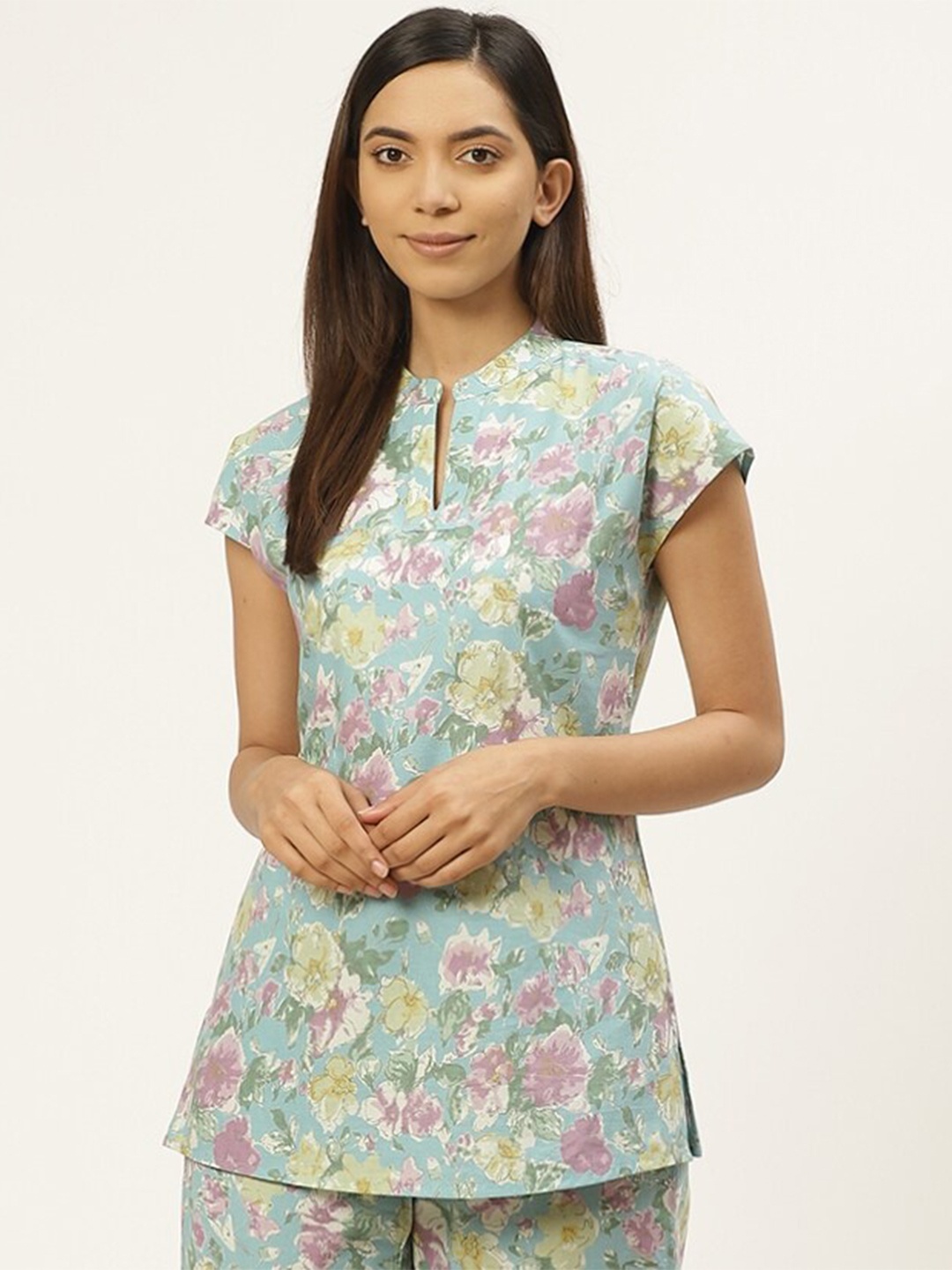

Prakrti Blue Mandarin Collar Floral Printed Cotton Tunic