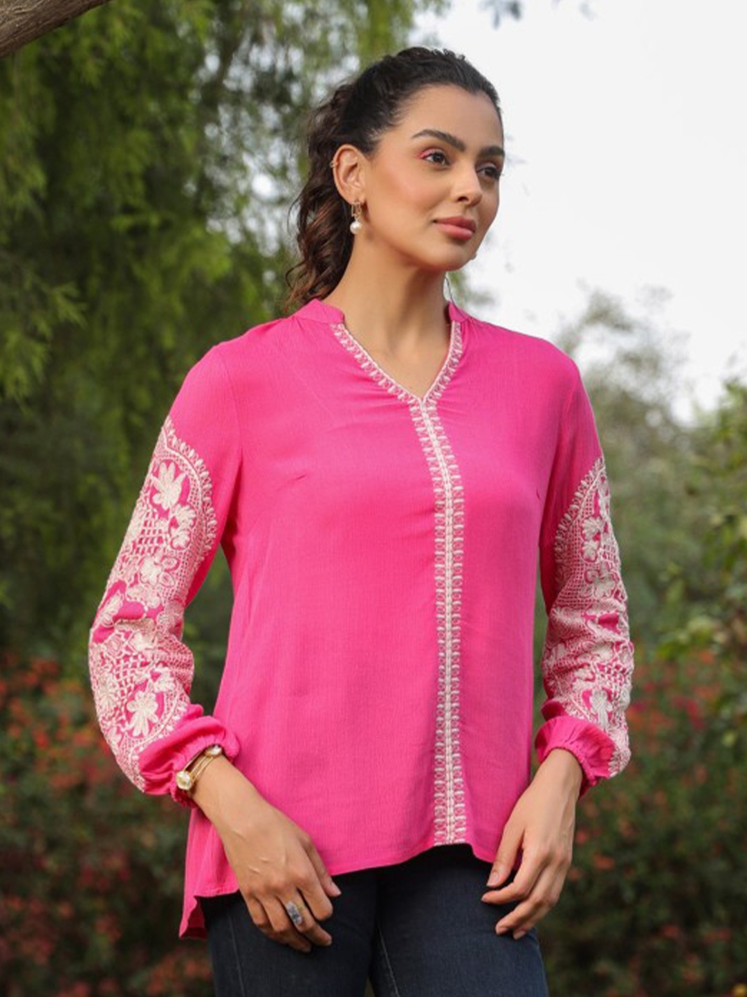 

Nyaro Print Mandarin Collar Bohemian Shirt Style Top, Pink