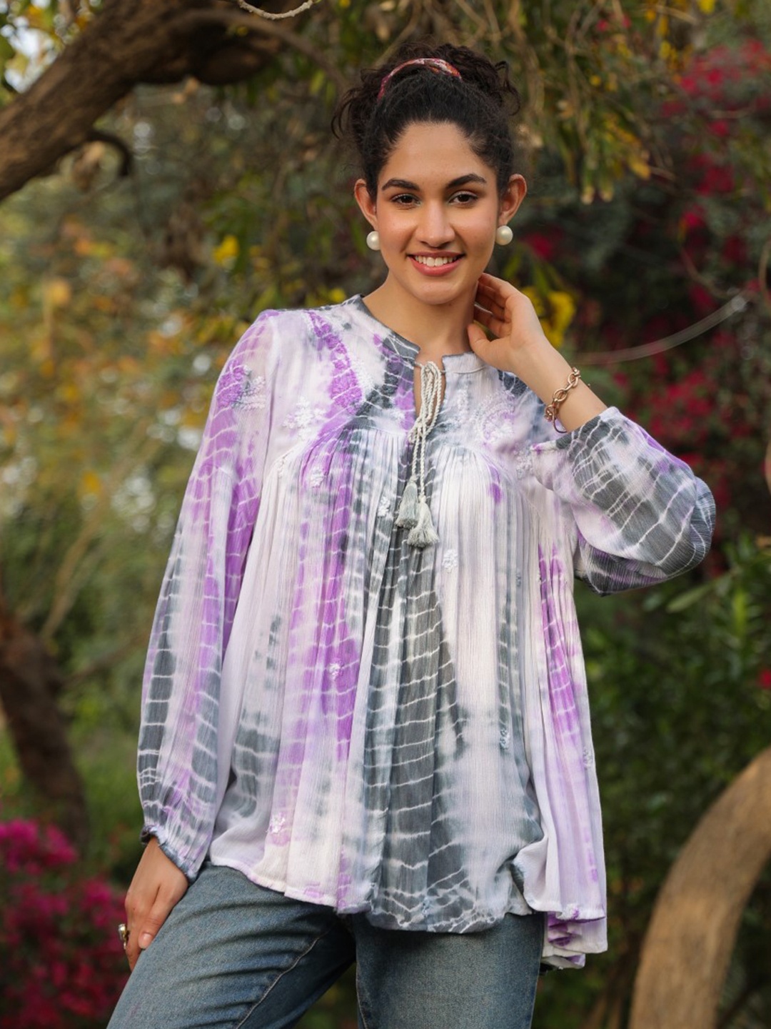 

Nyaro Print Tie-Up Neck Bohemian Top, Purple