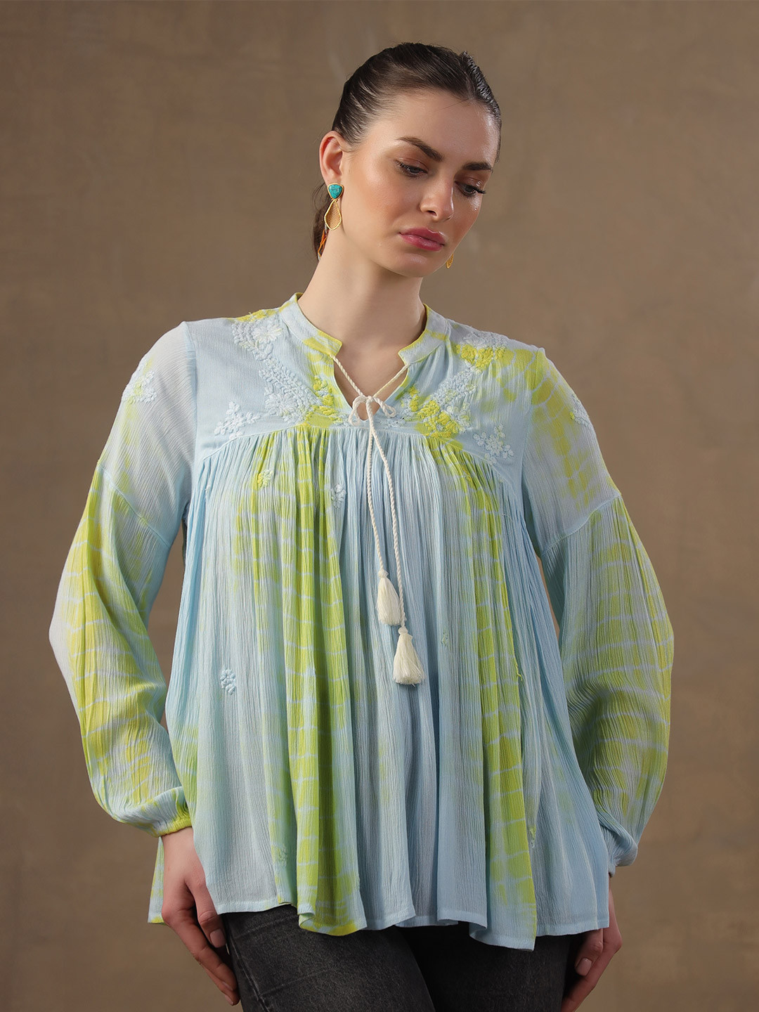

Nyaro Print Tie-Up Neck Bohemian Top, Blue