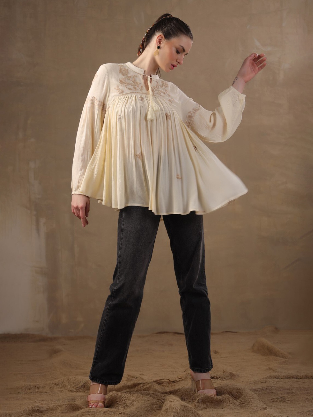 

Nyaro Floral Embroidered Empire Top, Beige