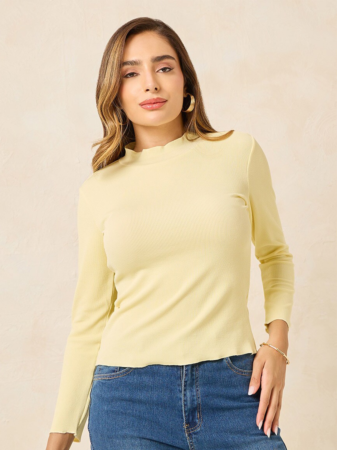 

Styli High Neck Long Sleeves Cotton Net Top, Yellow