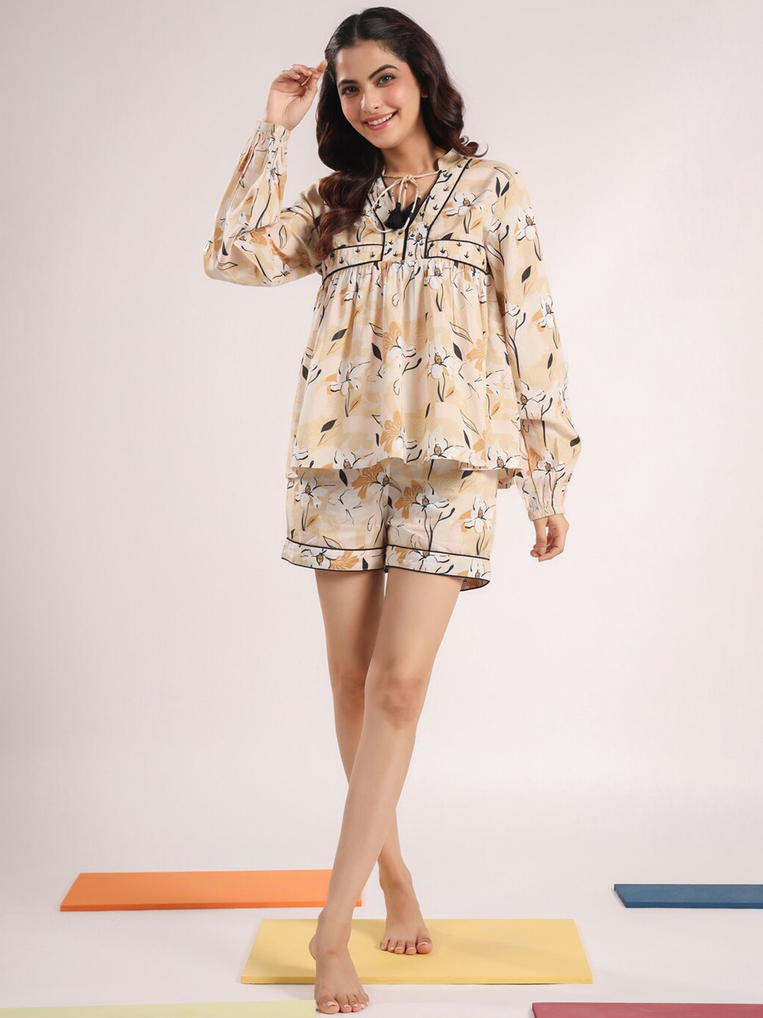 

SANSKRUTIHOMES Printed Pure Cotton Night Suit, Beige