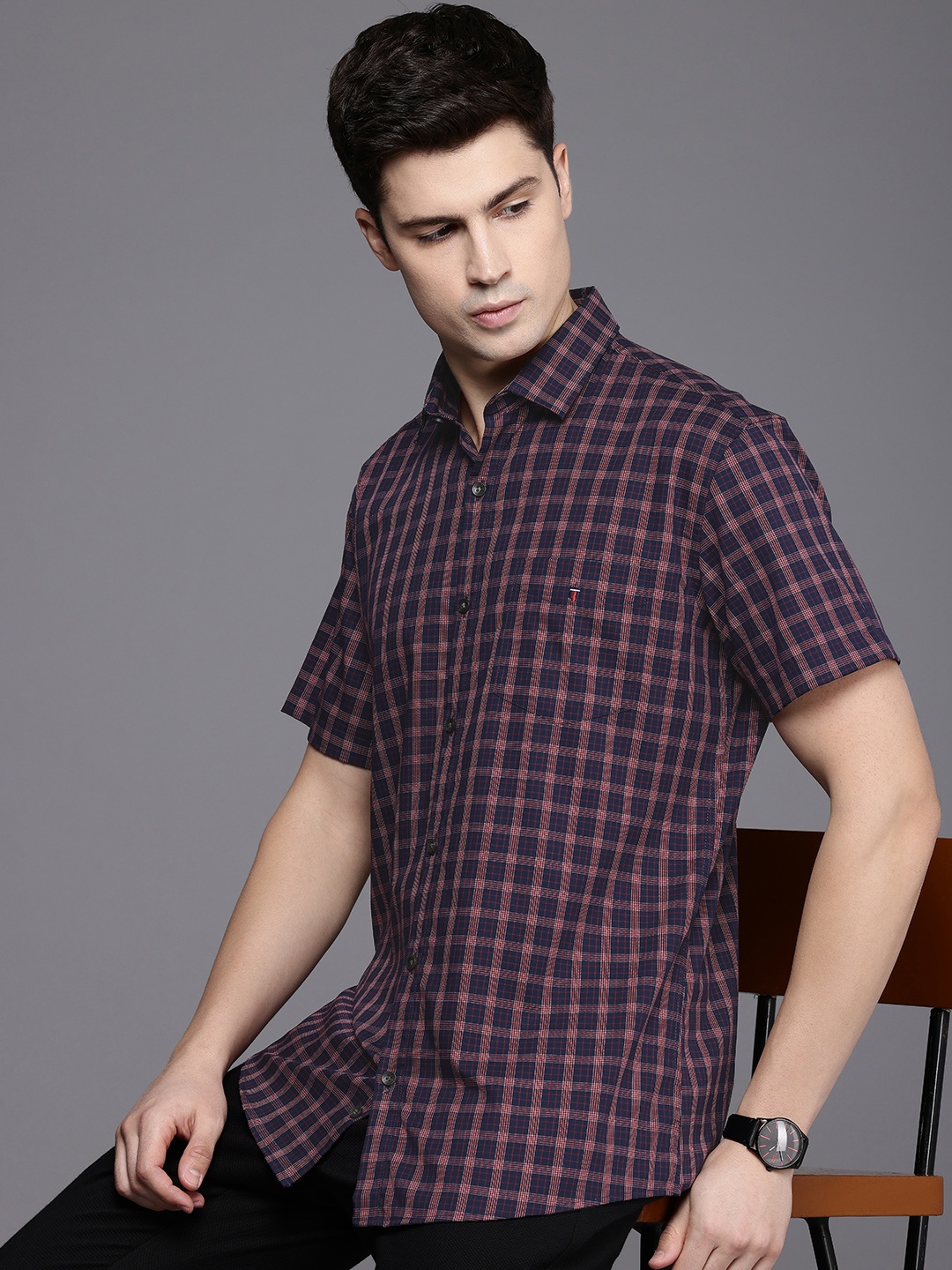 

Louis Philippe Sport Pure Cotton Slim Fit Opaque Checked Casual Shirt, Navy blue