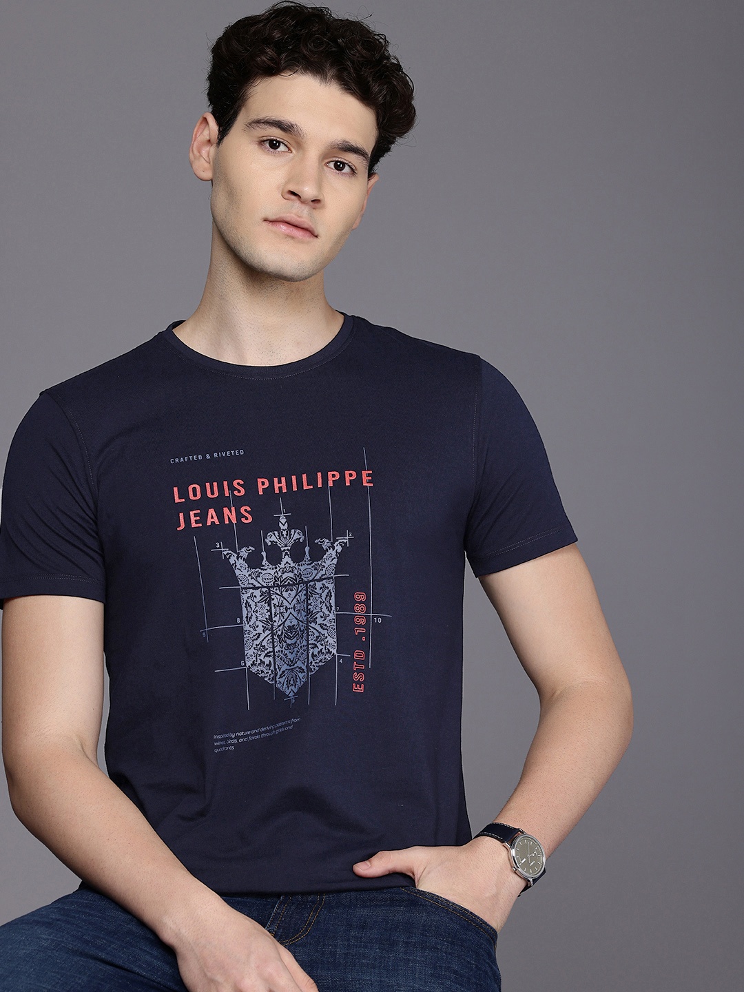 

Louis Philippe Jeans Printed Pure Cotton Slim Fit T-shirt, Navy blue