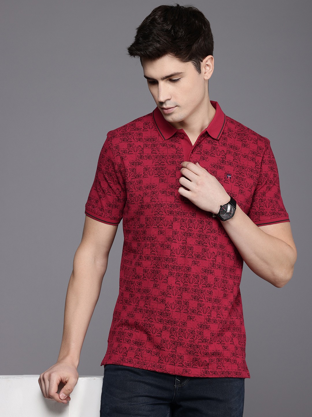 

Louis Philippe Jeans Pure Cotton Floral Printed Polo Collar Slim Fit T-shirt, Red