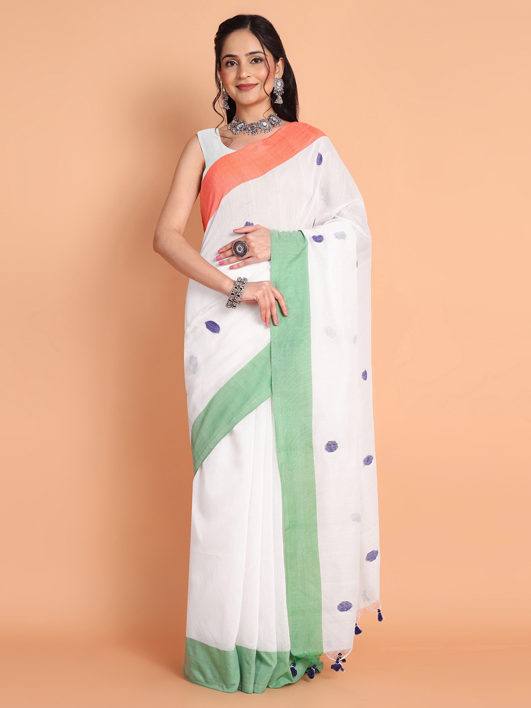 

TANTLOOM Polka Dots Printed Pure Cotton Saree, Orange