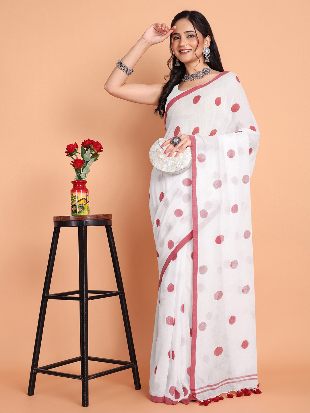 

TANTLOOM Polka Dots Printed Pure Cotton Saree, White