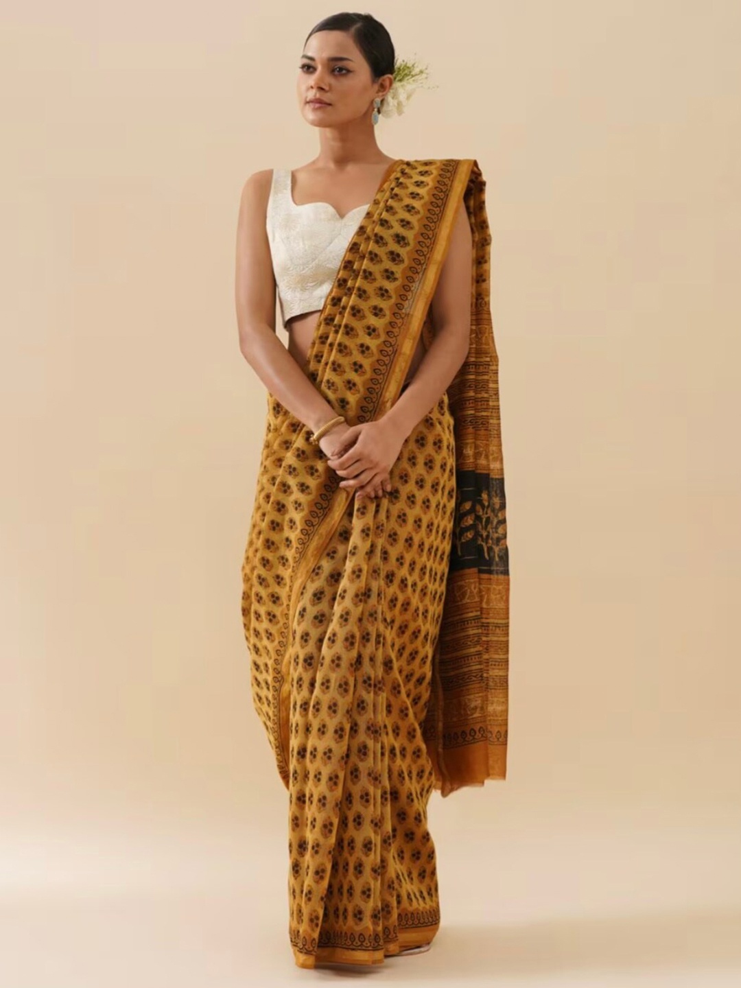 

De Loom Ethnic Motifs Printed Zari Pure Cotton Chanderi Saree, Mustard