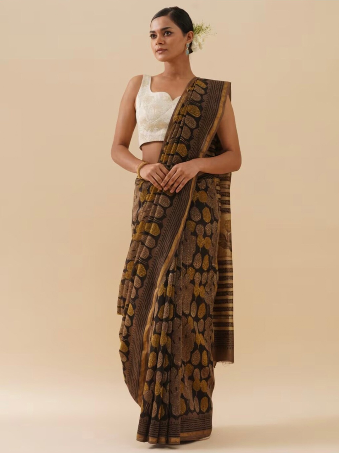 

De Loom Ethnic Motifs Printed Zari Pure Cotton Chanderi Saree, Black