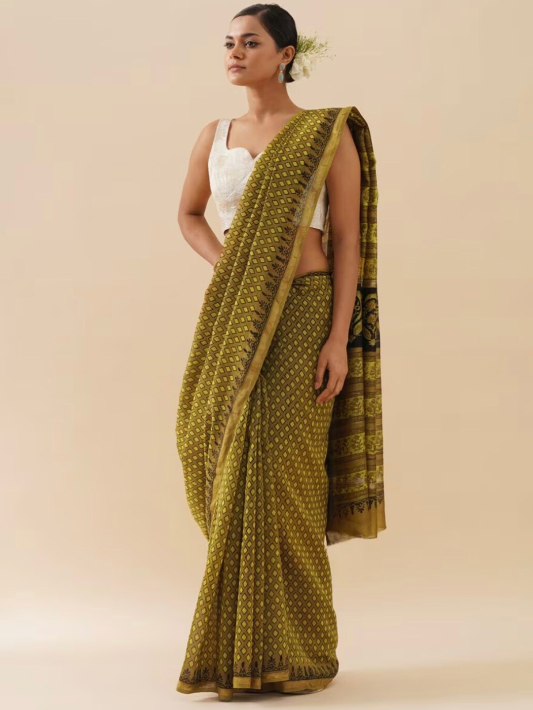 

De Loom Ethnic Motifs Printed Zari Pure Cotton Chanderi Saree, Green