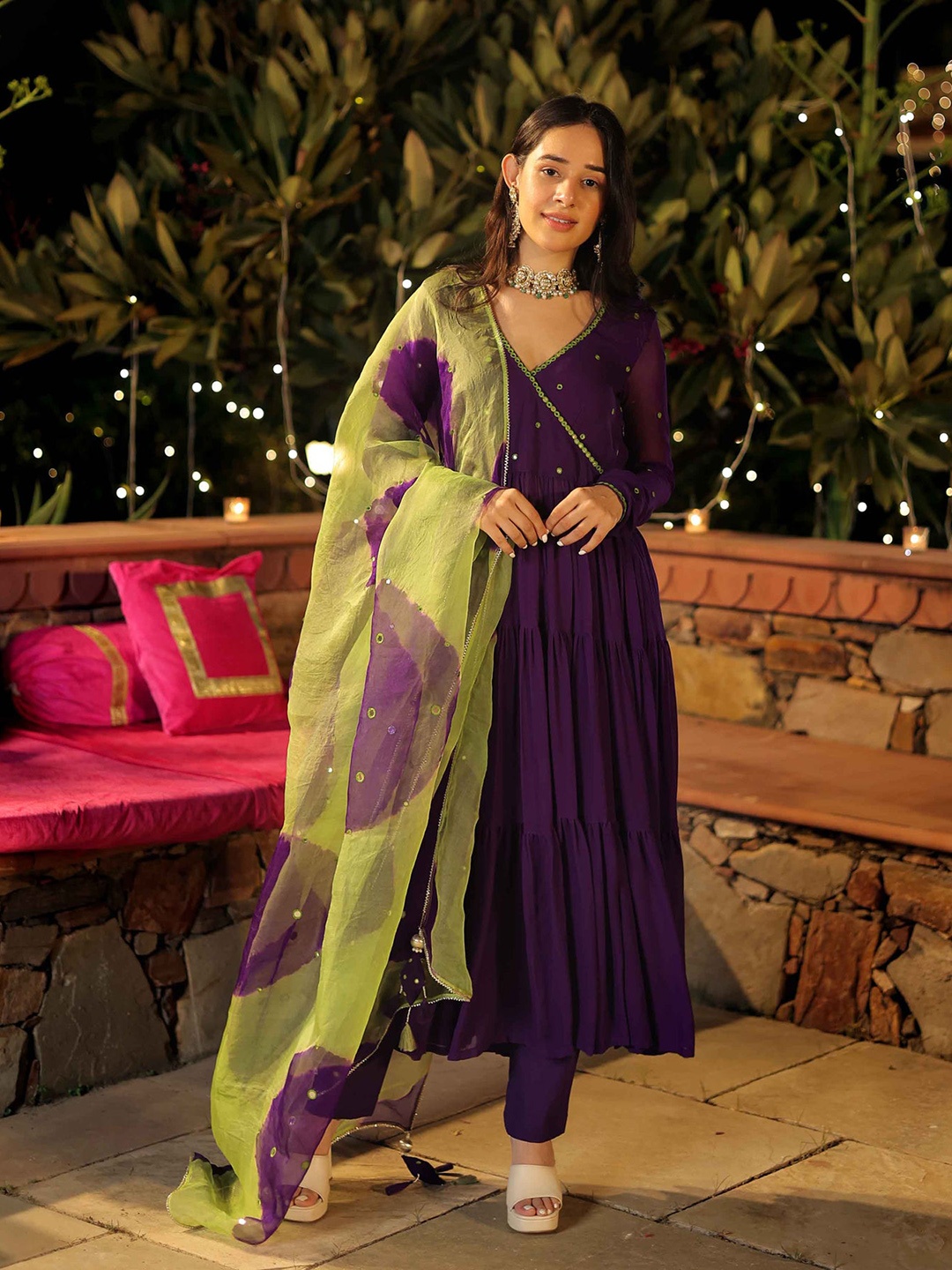 

KALINI Women Yoke Design Regular Sequinned Kurta with Trousers & With Dupatta, Violet