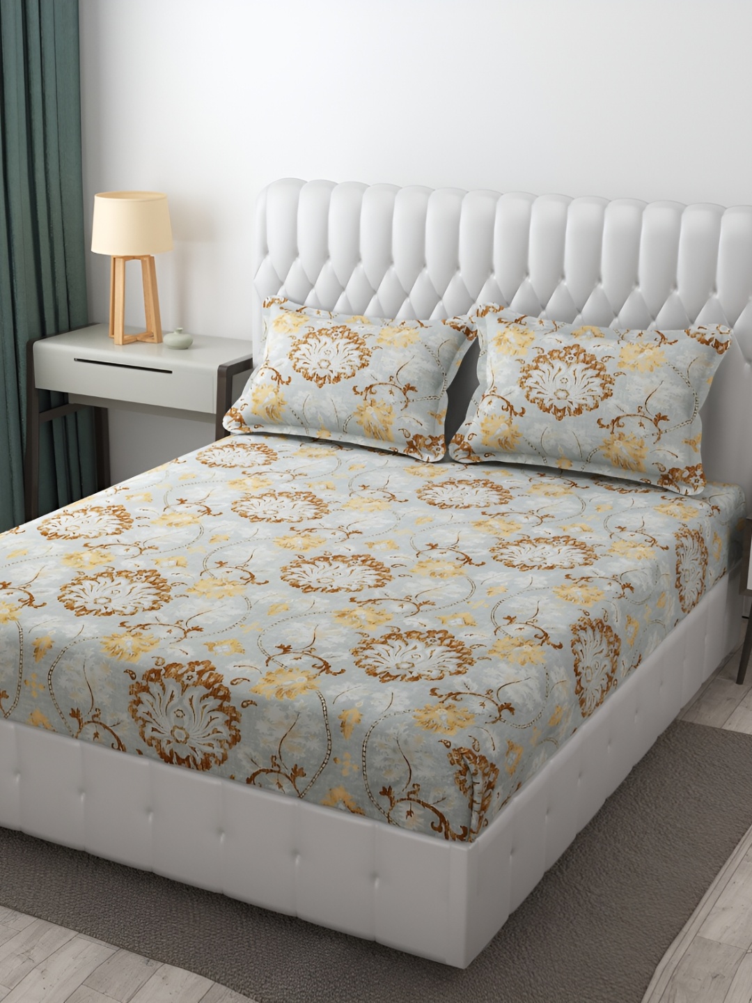 

Furnistitchs Blue & Brown Floral 300 TC Fitted King Bedsheet with 2 Pillow Covers