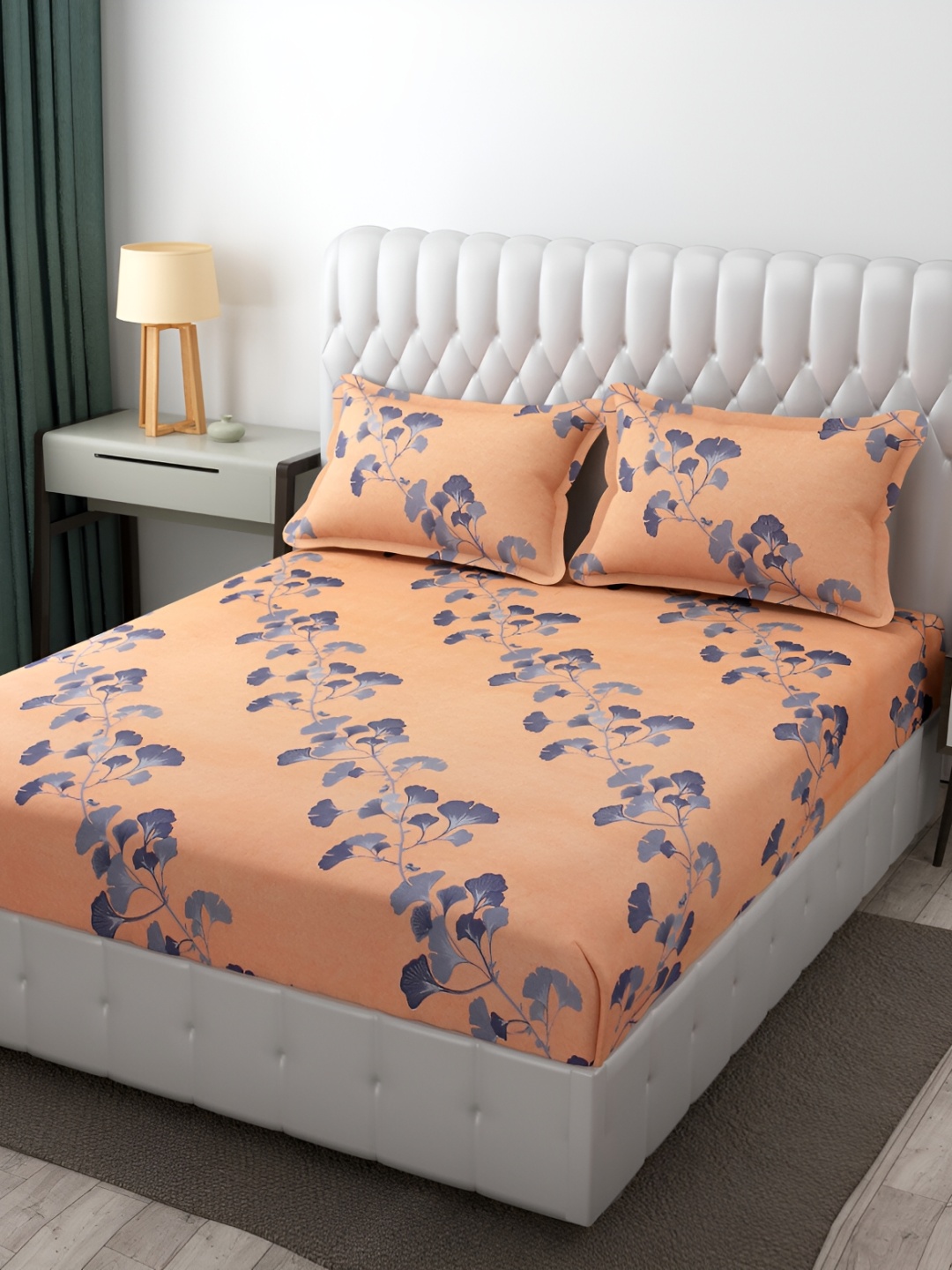 

Furnistitchs Peach-Coloured Floral 300 TC Fitted King Bedsheet with 2 Pillow Covers