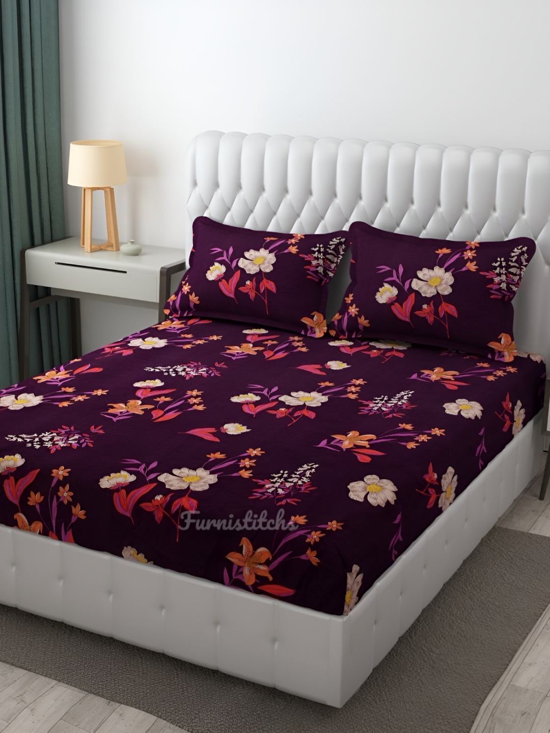 

Furnistitchs Purple Floral 300 TC Fitted King Bedsheet with 2 Pillow Covers