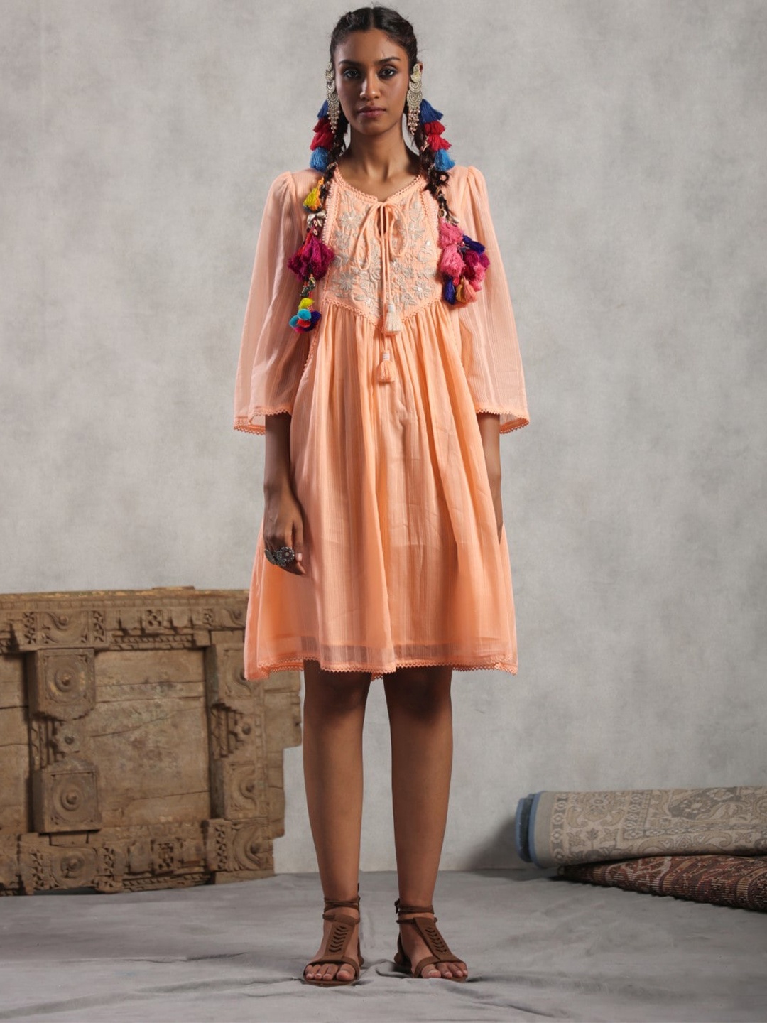 

Nyaro Floral Embroidered Cotton A-Line Dress, Orange