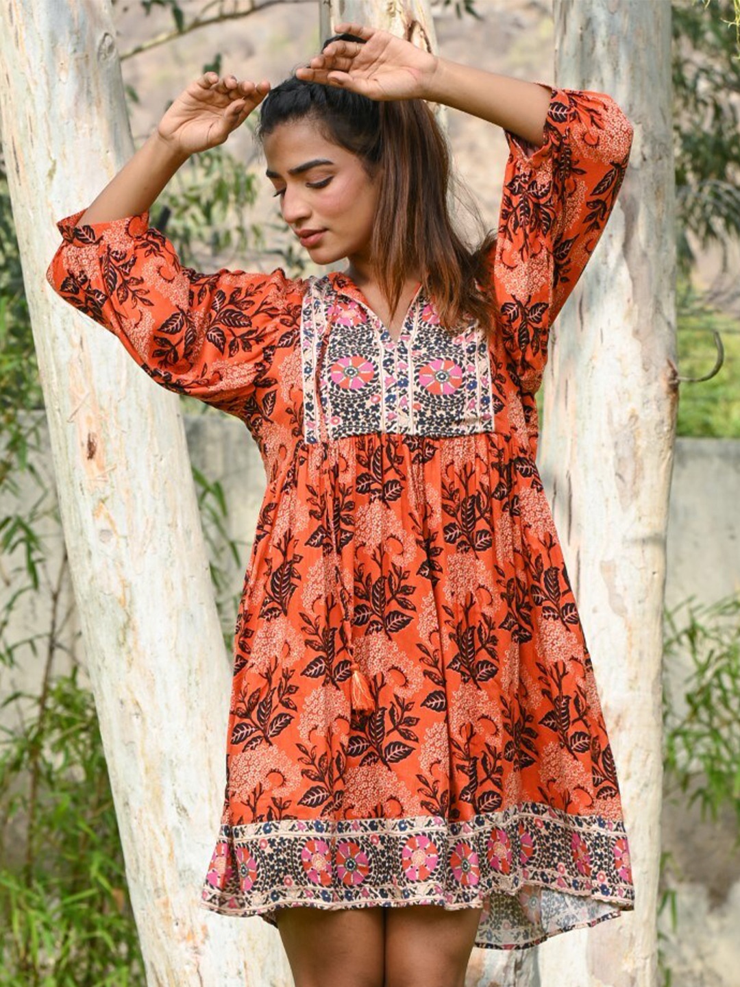 

Nyaro Floral Printed Fit & Flare Dress, Orange
