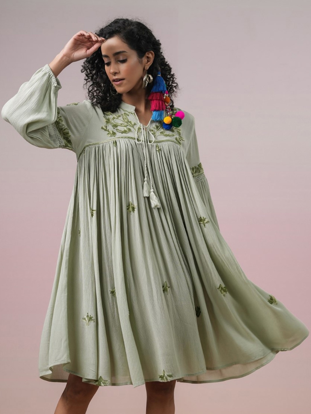 

Nyaro Mandarin Collar Puff Sleeves Floral Embroidered A-Line Dress, Green