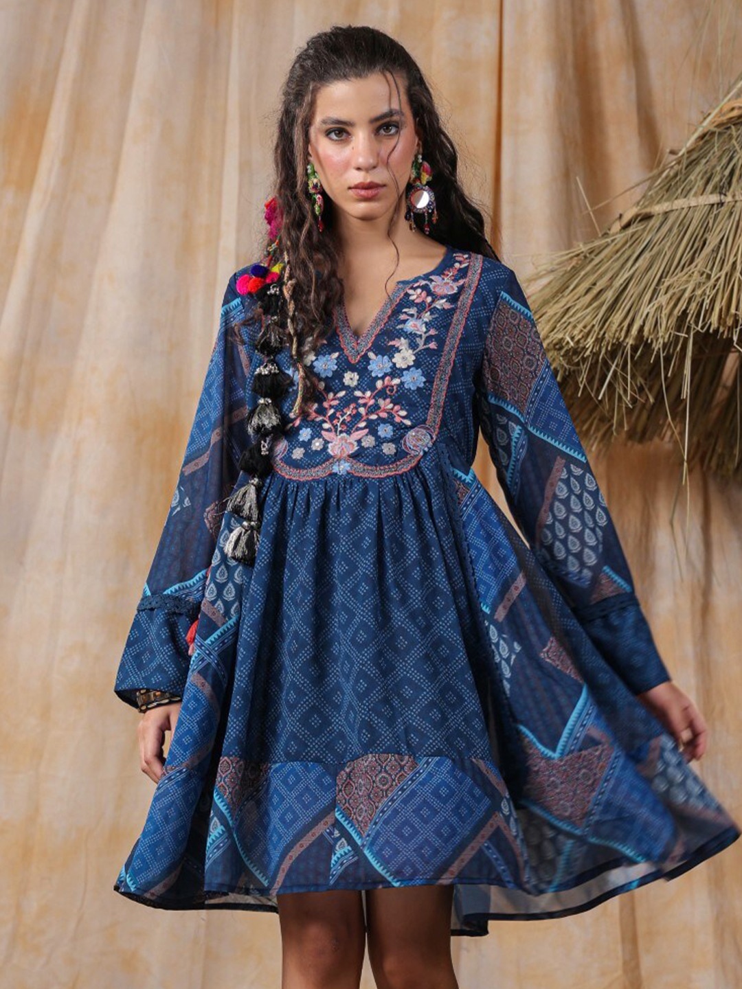 

Nyaro Floral Embroidered Georgette Fit & Flare Dress, Navy blue