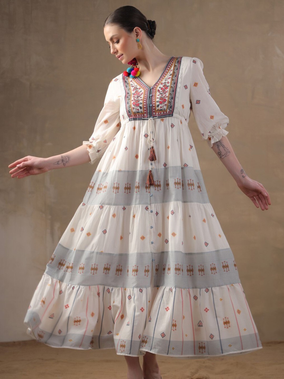 

Nyaro Geometric Printed Embroidered Cotton Fit & Flare Maxi Dress, Off white